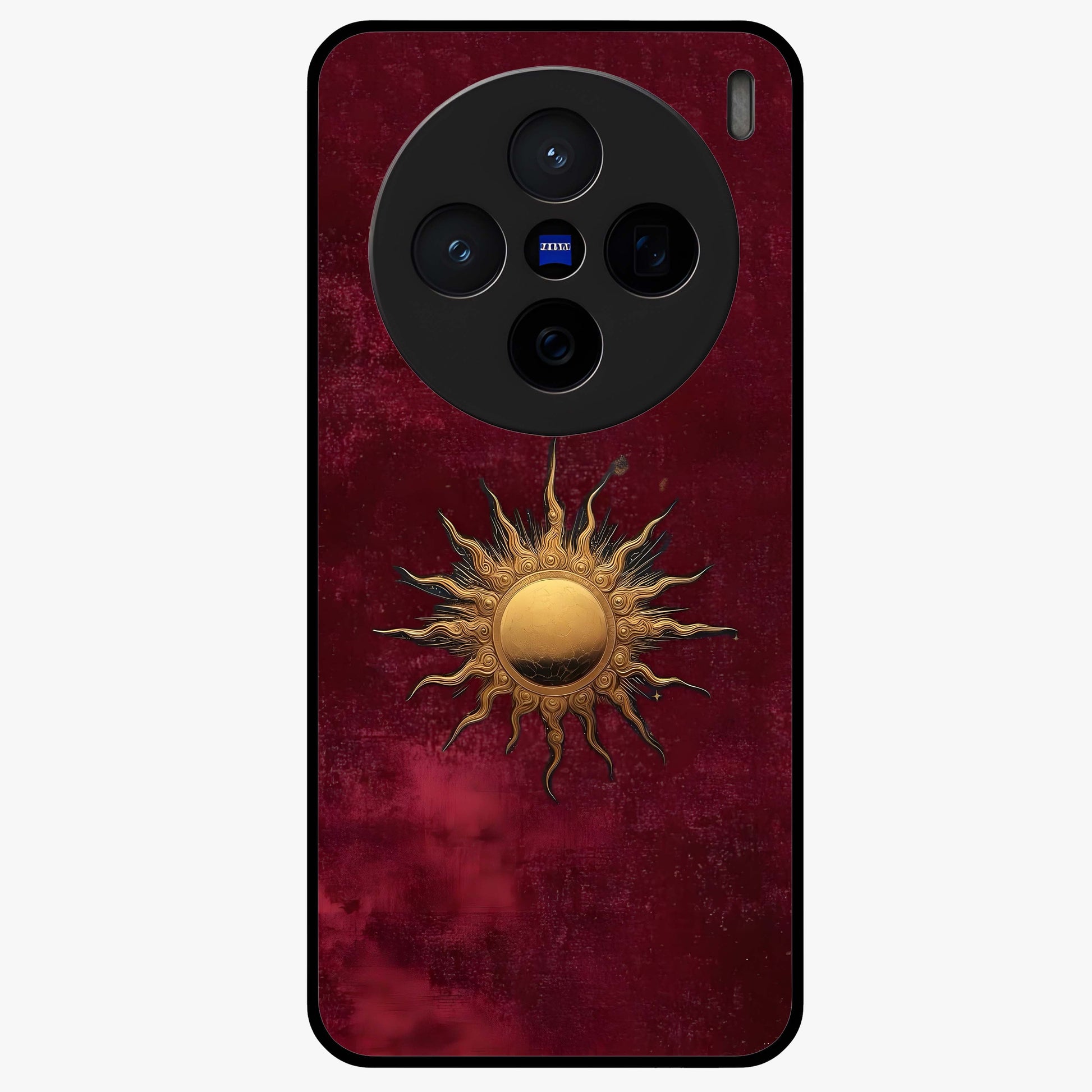 Gold Sun Blush Glass Case showing flat back view with golden sun inspired artwork and glossy glass finish.