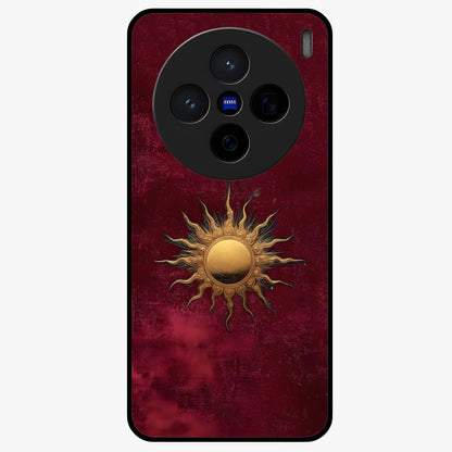 Gold Sun Blush Glass Case showing flat back view with golden sun inspired artwork and glossy glass finish.