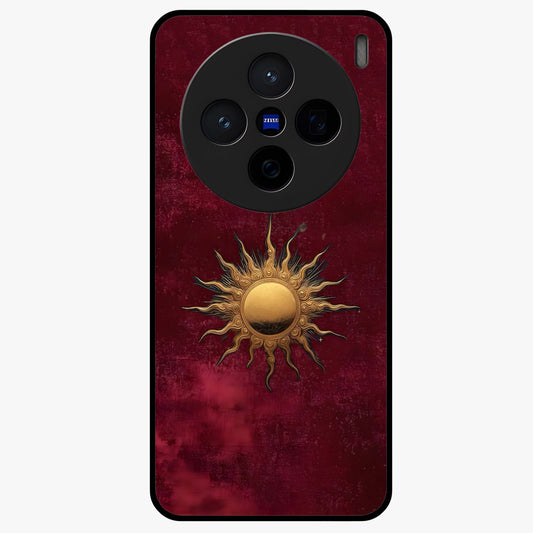 Gold Sun Blush Glass Case showing flat back view with golden sun inspired artwork and glossy glass finish.