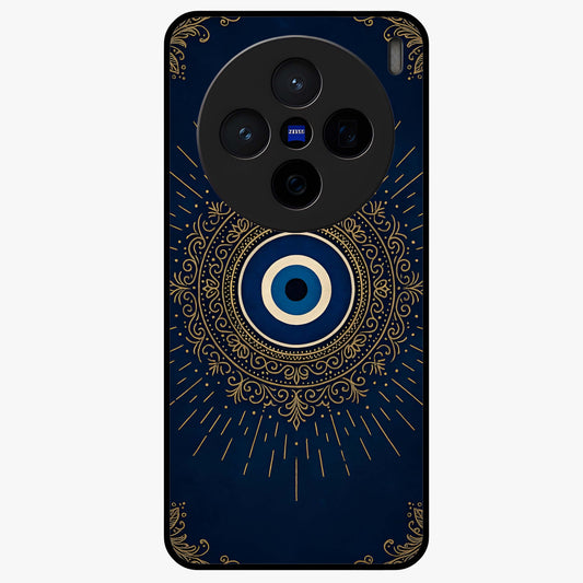 Golden Evil Eye Mandala Glass Case showing flat back view with intricate evil eye mandala artwork and glossy glass finish.