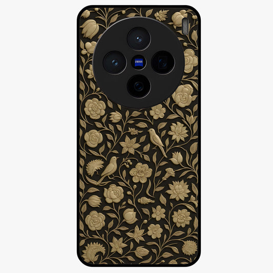 Golden Floral Majesty Glass Case showing flat back view with luxurious golden floral artwork and glossy glass finish.