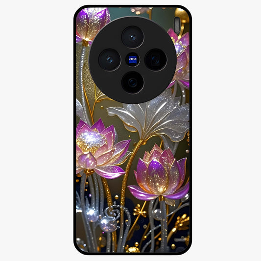 Golden Lotus Glow Glass Case showing flat back view with glowing lotus flower artwork and glossy glass finish.
