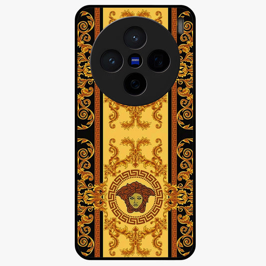 Golden Royal Heritage Glass Case showing flat back view with ornate royal pattern artwork and glossy glass finish.