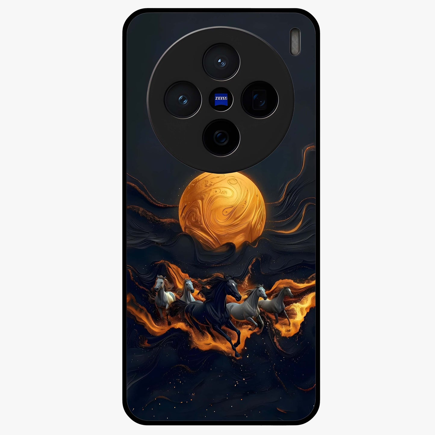 Golden Stallion Moonride Glass Case showing flat back view with majestic horse under moonlight artwork and glossy glass finish.