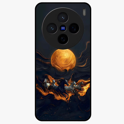Golden Stallion Moonride Glass Case showing flat back view with majestic horse under moonlight artwork and glossy glass finish.