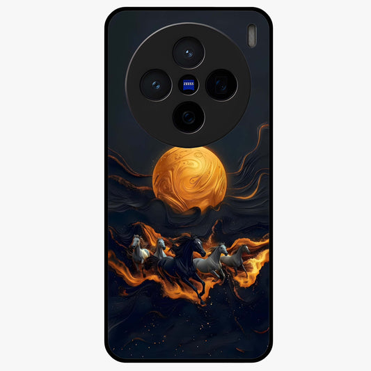 Golden Stallion Moonride Glass Case showing flat back view with majestic horse under moonlight artwork and glossy glass finish.