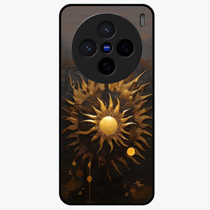 Golden Sun Majesty Glass Case showing flat back view with radiant golden sun artwork and glossy glass finish.