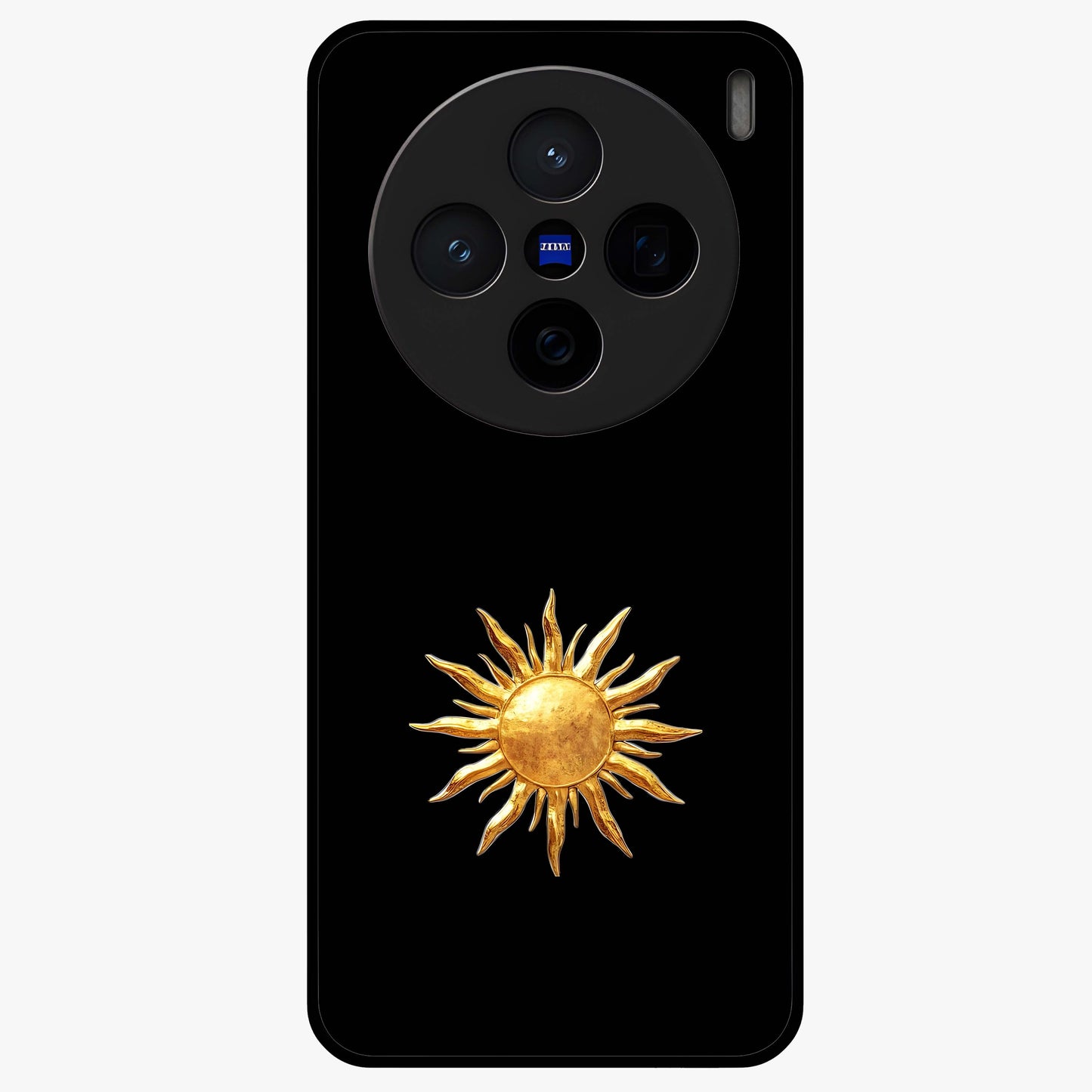 Golden Sun Minimalism Glass Case showing flat back view with minimal golden sun artwork and glossy glass finish.