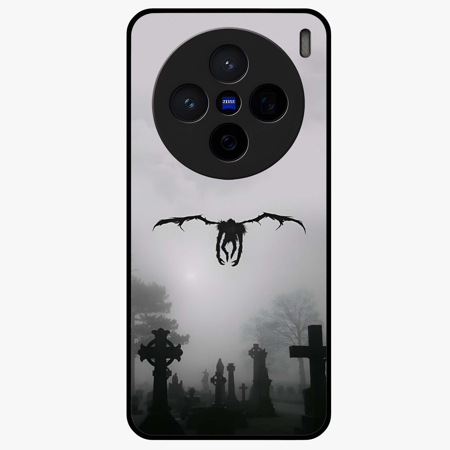 Graveyard Shadow Descent Glass Case showing flat back view with dark graveyard themed artwork and glossy glass finish.