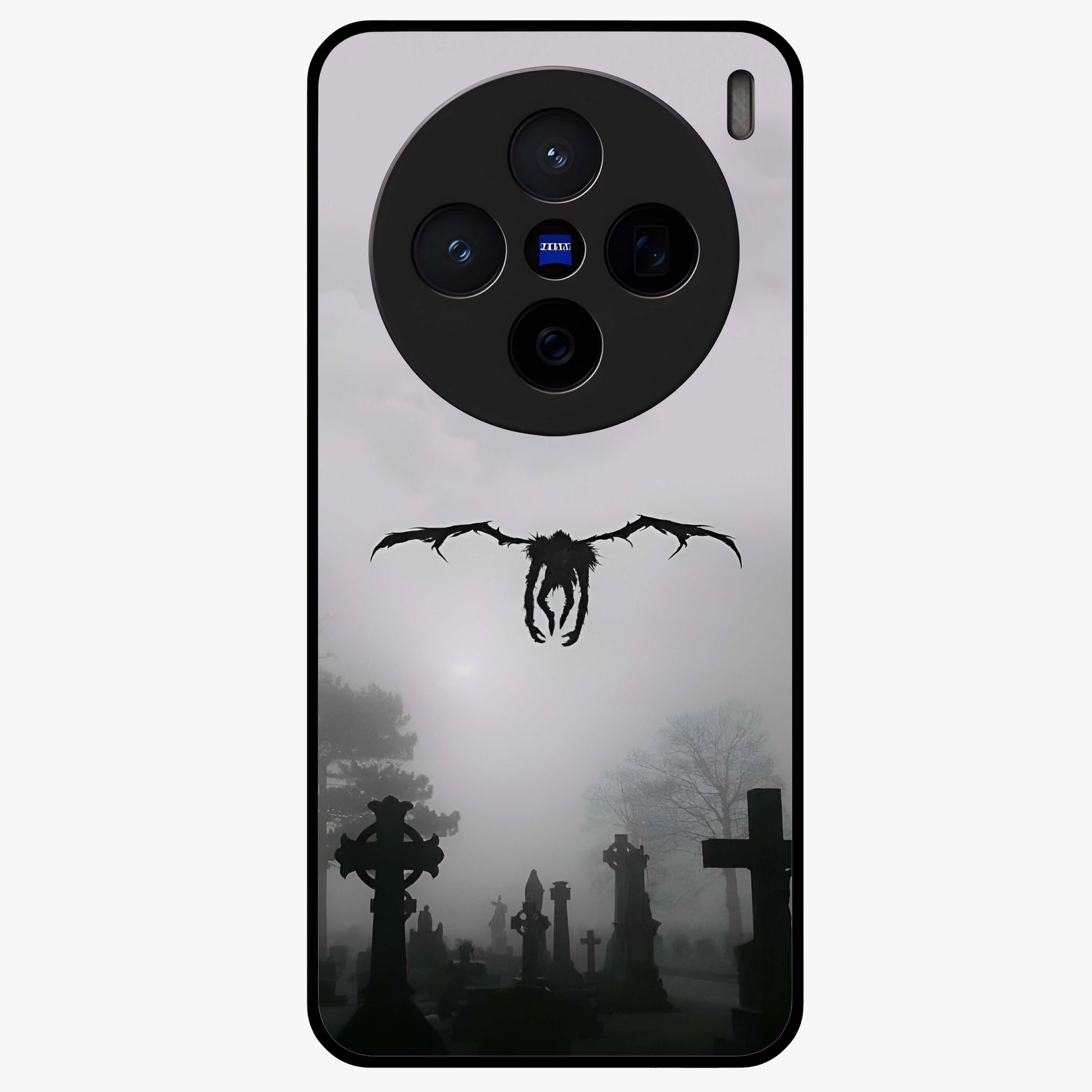 Graveyard Shadow Descent Glass Case showing flat back view with dark graveyard themed artwork and glossy glass finish.