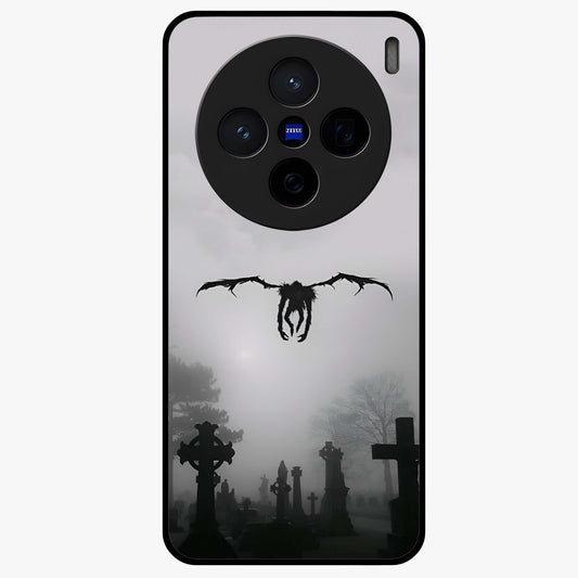 Graveyard Shadow Descent Glass Case showing flat back view with dark graveyard themed artwork and glossy glass finish.