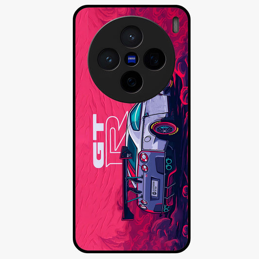 GT-R Car Pattern Glass Case showing flat back view with sporty car inspired pattern artwork and glossy glass finish.