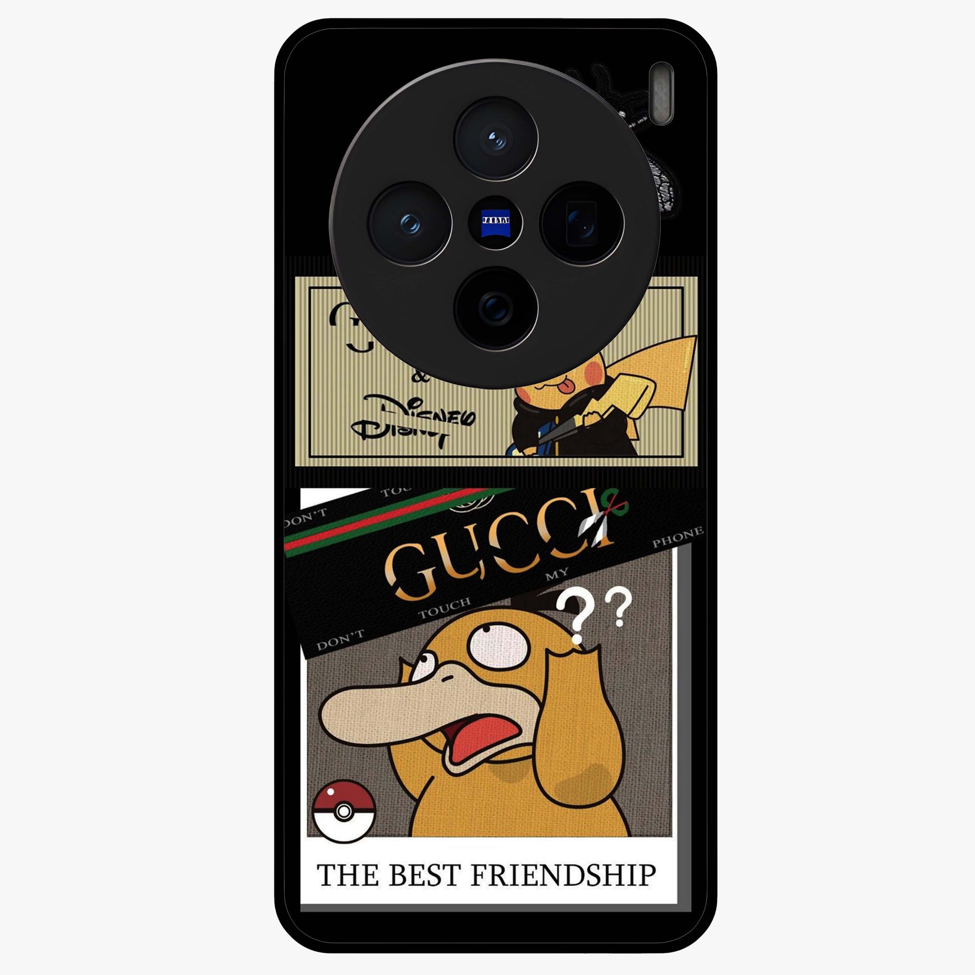 Gucci Play Mashup Glass Case showing flat back view with luxury inspired graphic artwork and glossy glass finish.
