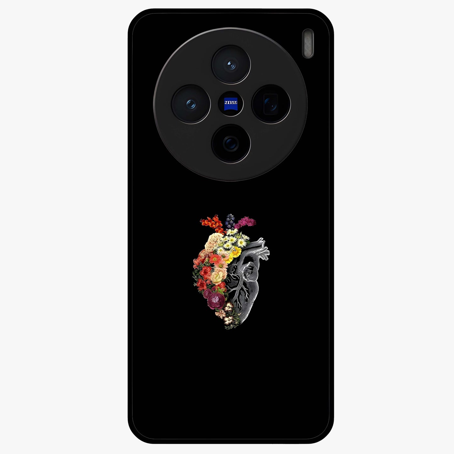 Heart With Flowers Glass Case showing flat back view with heart shaped floral artwork and glossy glass finish.