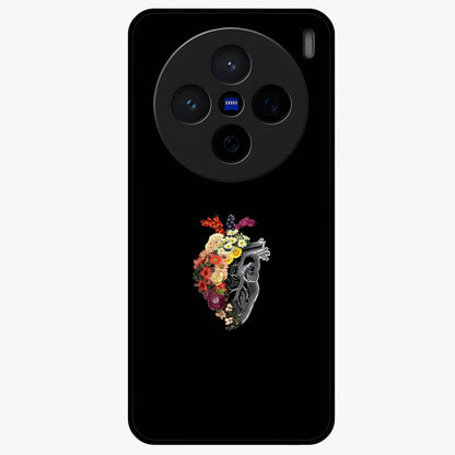 Heart With Flowers Glass Case showing flat back view with heart shaped floral artwork and glossy glass finish.