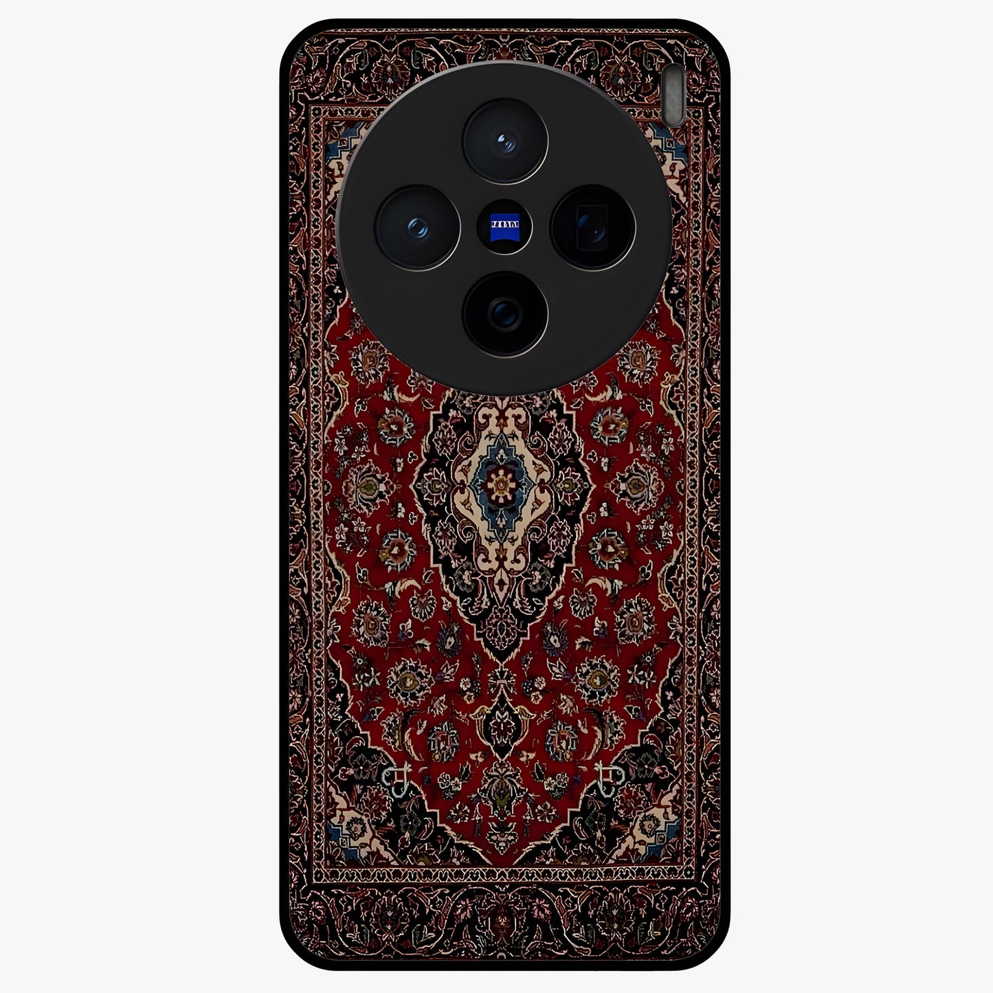 Heritage Carpet Royale Glass Case showing flat back view with ornate Persian carpet inspired pattern and glossy glass finish.