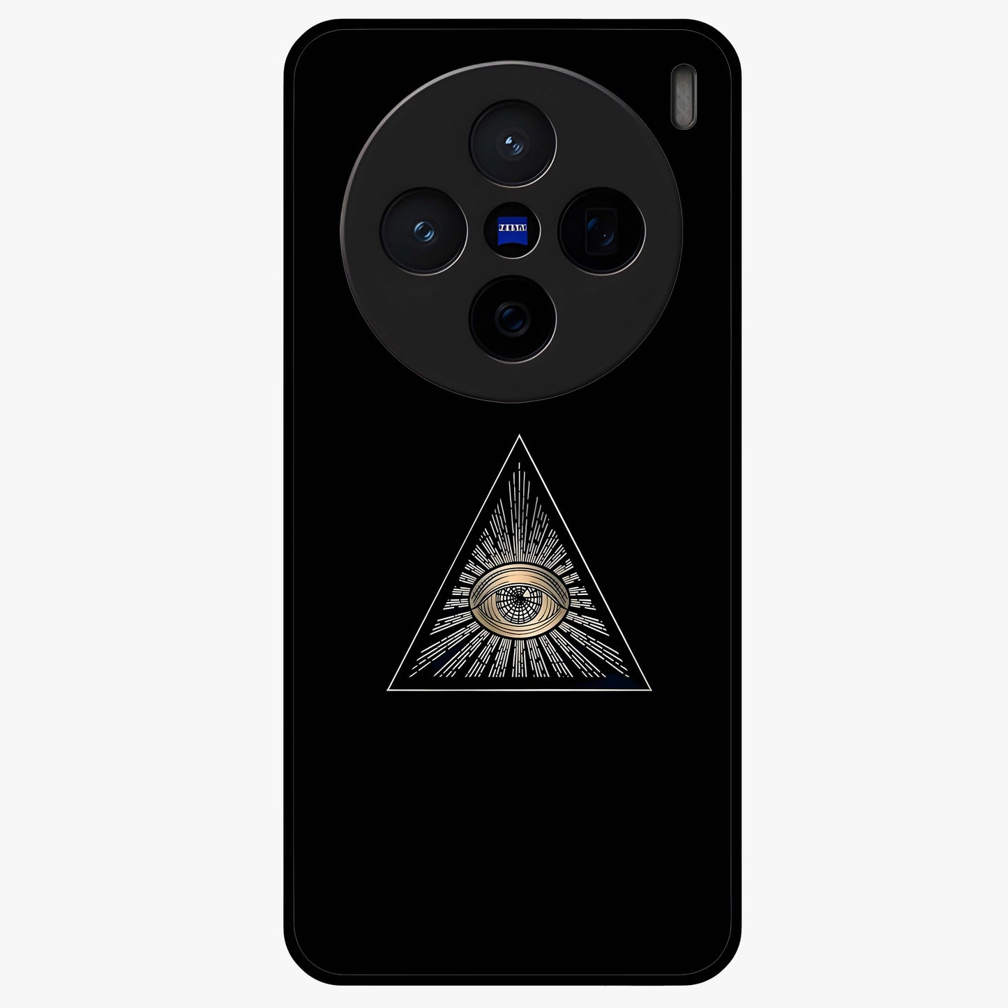 Illuminati Evil Glass Case showing flat back view with mysterious illuminati symbol artwork and glossy glass finish.