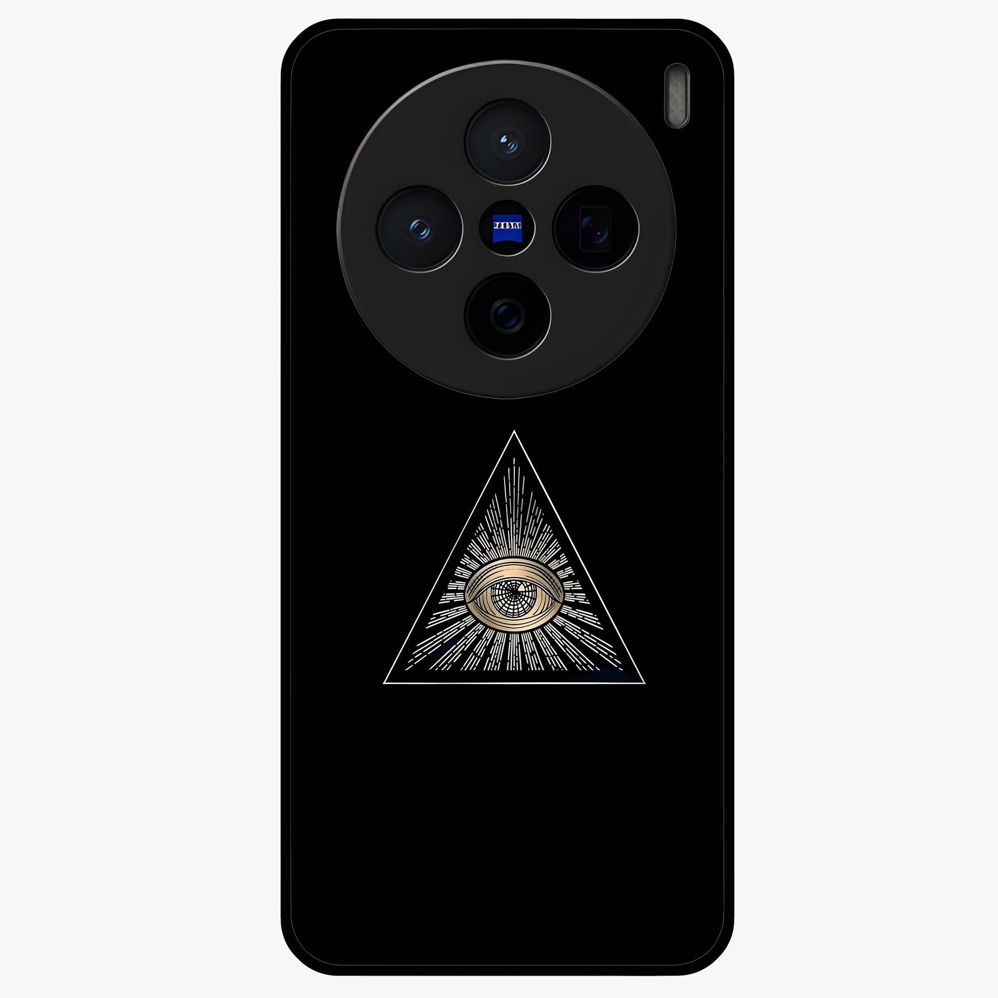Illuminati Evil Glass Case showing flat back view with mysterious illuminati symbol artwork and glossy glass finish.