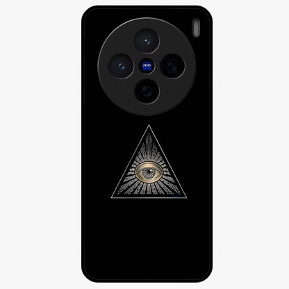 Illuminati Evil Glass Case showing flat back view with mysterious illuminati symbol artwork and glossy glass finish.