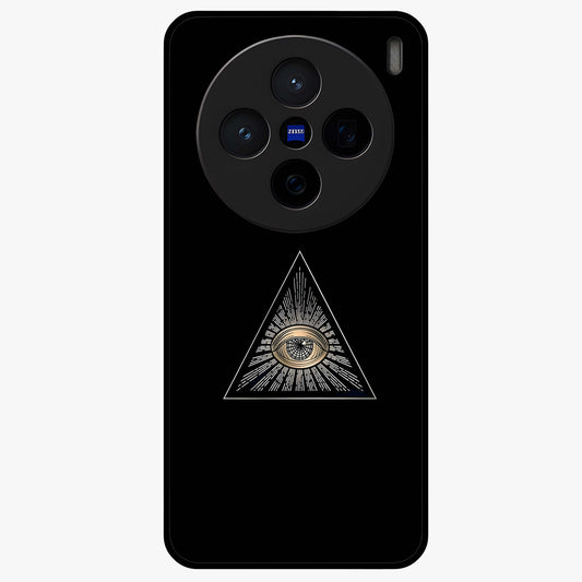 Illuminati Evil Glass Case showing flat back view with mysterious illuminati symbol artwork and glossy glass finish.