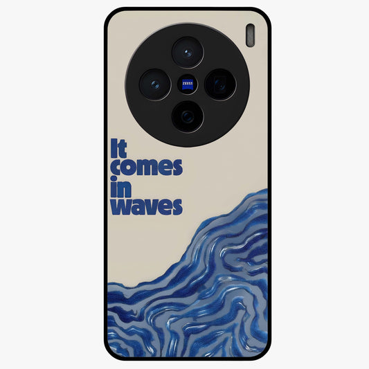It Comes In Waves Quote Glass Case showing flat back view with inspirational wave themed quote artwork and glossy glass finish.