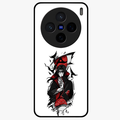 Itachi Sharingan Glass Case showing flat back view with powerful anime eye artwork and glossy glass finish.