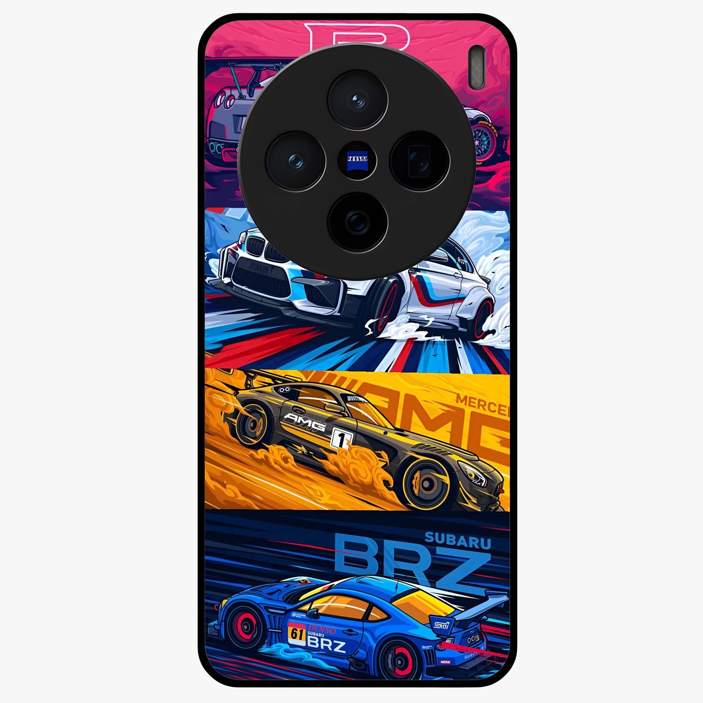 JDM Sports Car Glass Case showing flat back view with high performance sports car artwork and glossy glass finish.