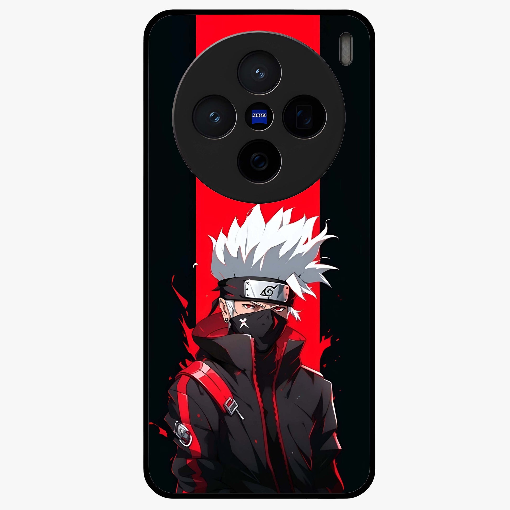 Kakashi Scarlet Shadow Glass Case showing flat back view with powerful anime ninja artwork and glossy glass finish.