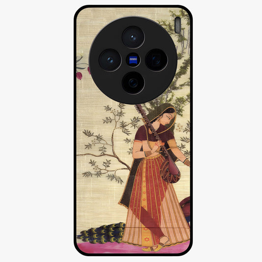 Lady With Veena Art Glass Case showing flat back view with elegant woman playing veena artwork and glossy glass finish.