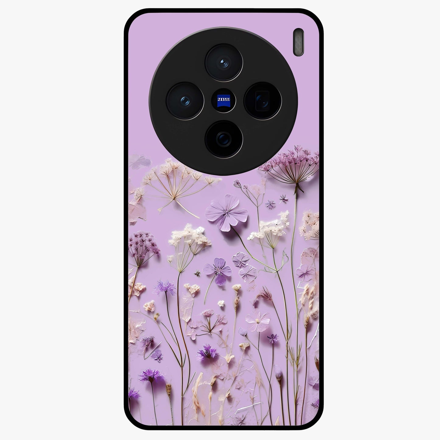 Lavender Blossom Dream Glass Case showing flat back view with soft lavender floral artwork and glossy glass finish.