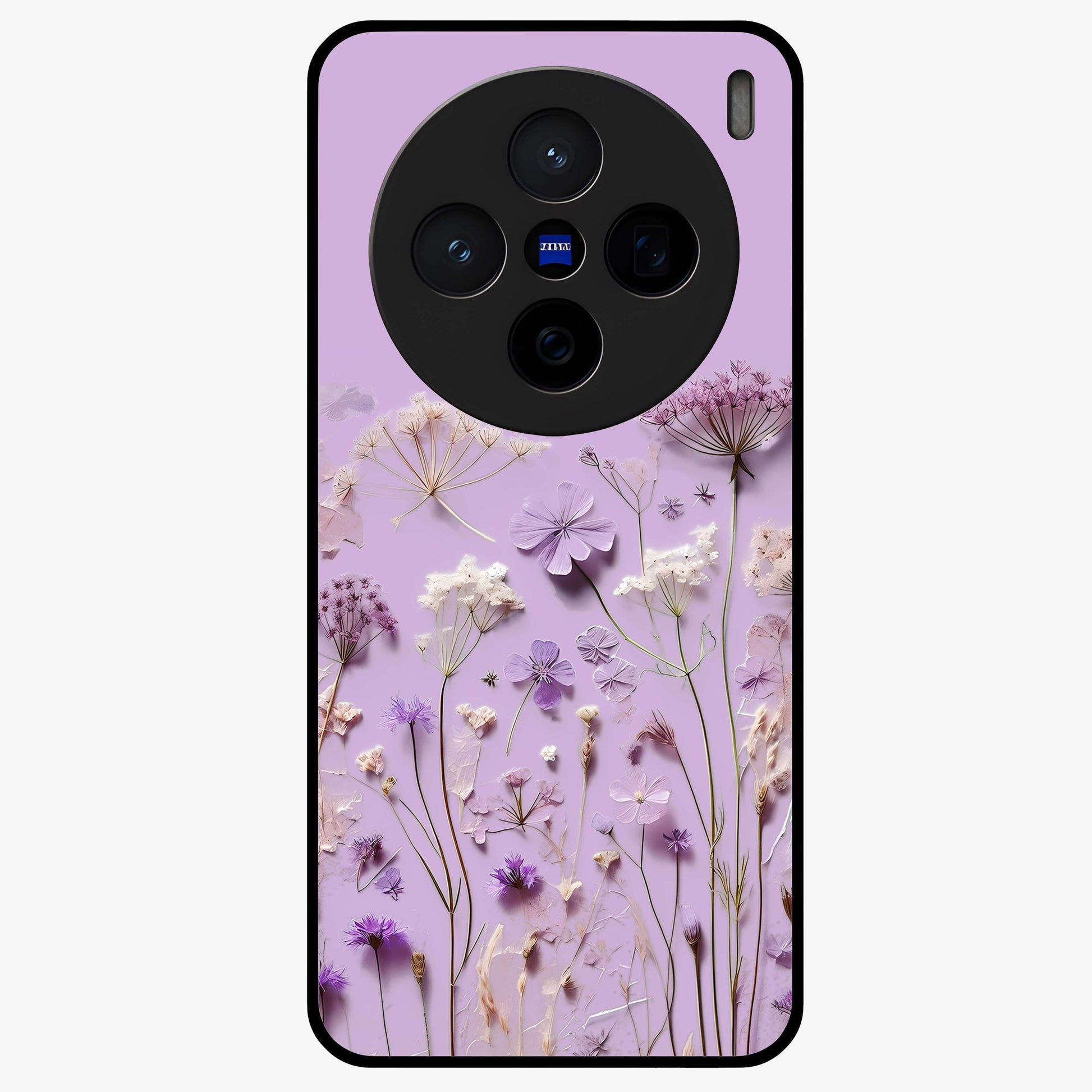 Lavender Blossom Dream Glass Case showing flat back view with soft lavender floral artwork and glossy glass finish.