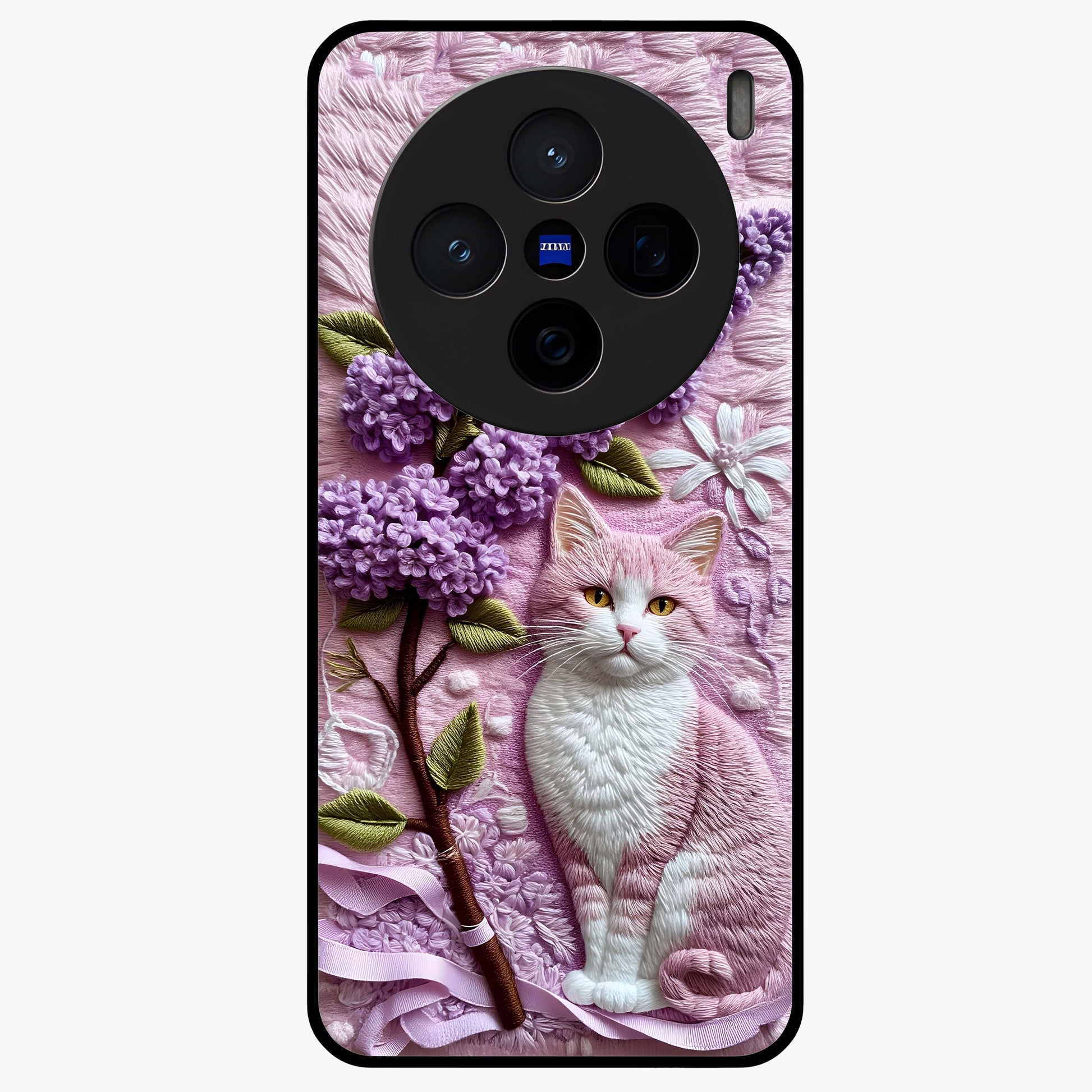 Lavender Cat Whimsy Glass Case showing flat back view with cute lavender cat artwork and glossy glass finish.