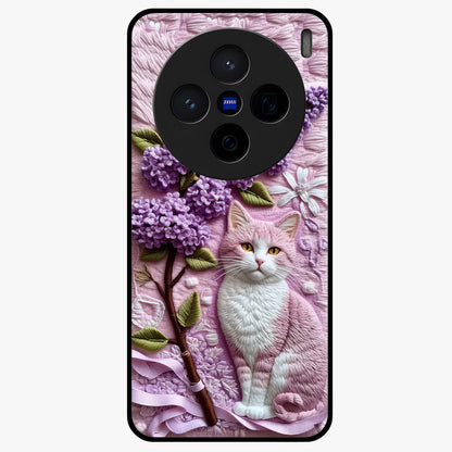 Lavender Cat Whimsy Glass Case showing flat back view with cute lavender cat artwork and glossy glass finish.