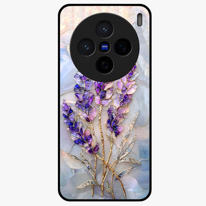 Lavender Dream Glow Glass Case showing flat back view with glowing lavender aesthetic artwork and glossy glass finish.