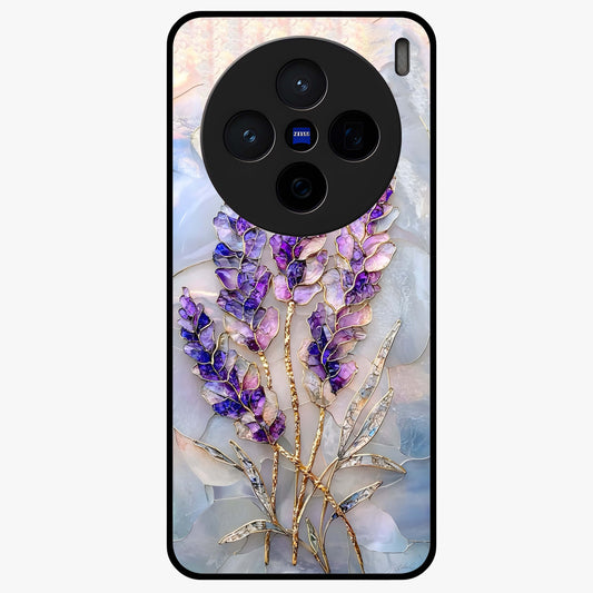 Lavender Dream Glow Glass Case showing flat back view with glowing lavender aesthetic artwork and glossy glass finish.