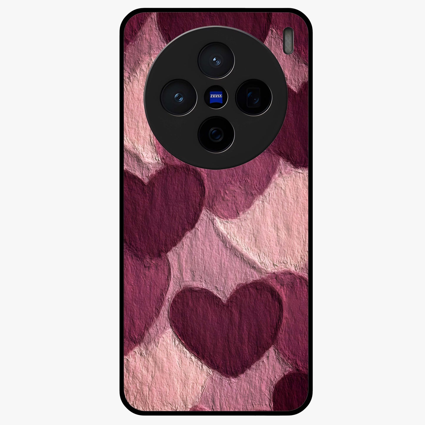 Layered Paper Hearts Glass Case showing flat back view with layered paper heart artwork and glossy glass finish.