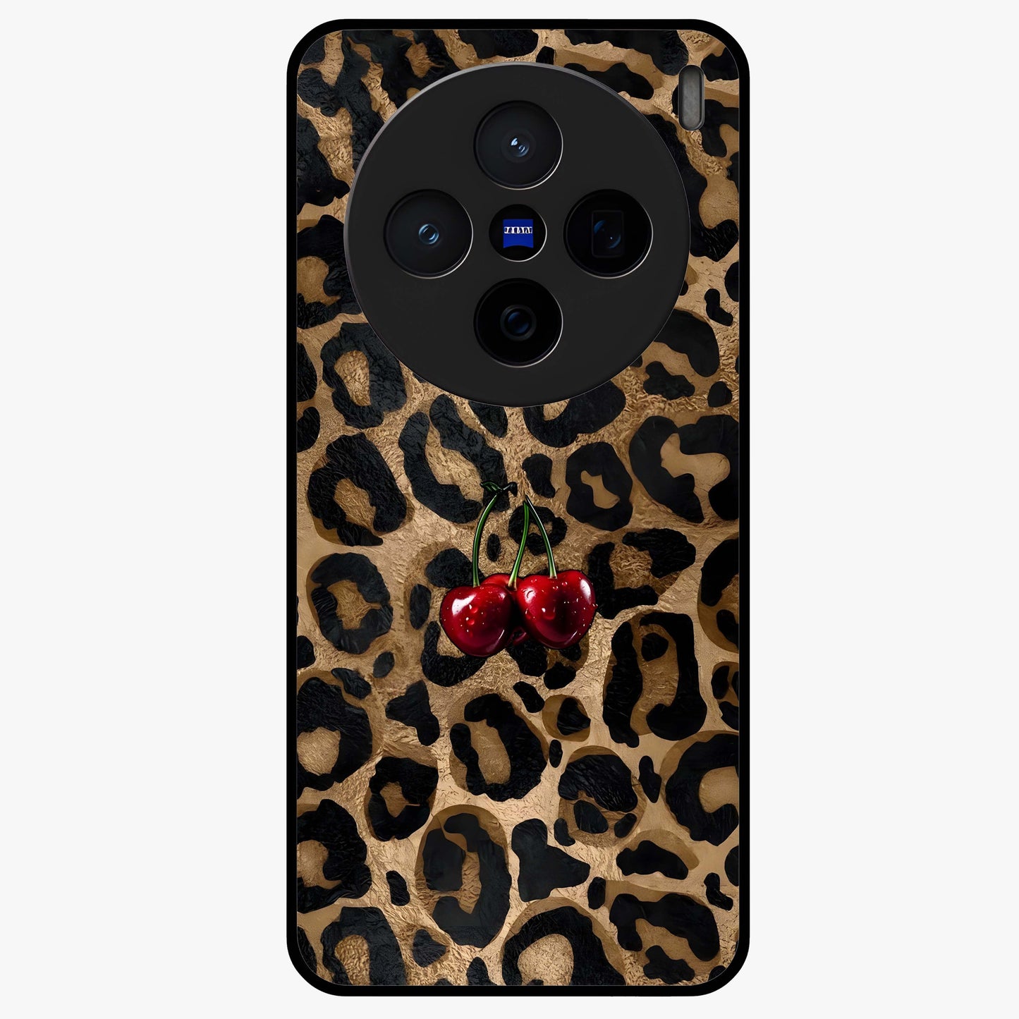 Leopard Wild Cherry Glass Case showing flat back view with leopard pattern and cherry artwork and glossy glass finish.