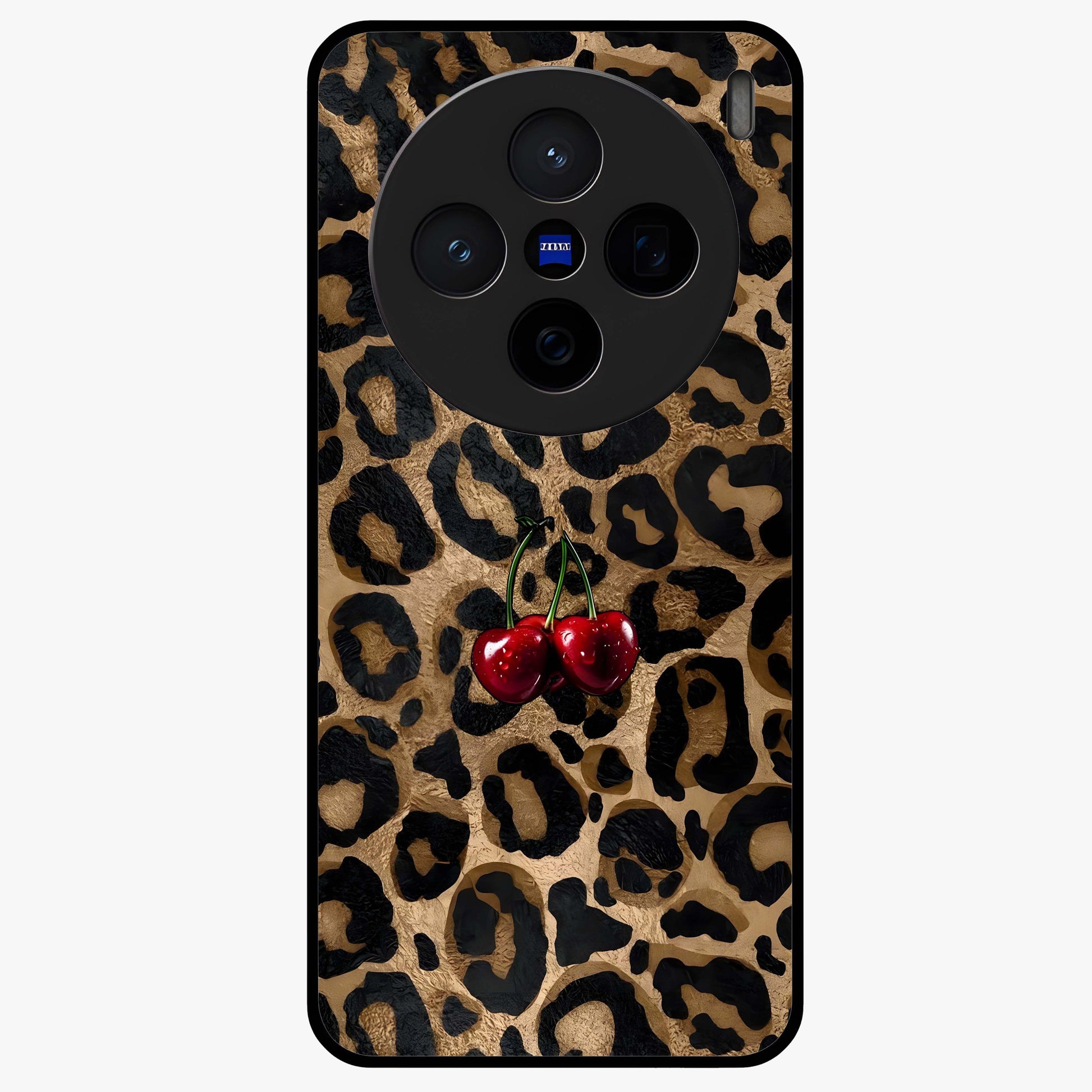 Leopard Wild Cherry Glass Case showing flat back view with leopard pattern and cherry artwork and glossy glass finish.