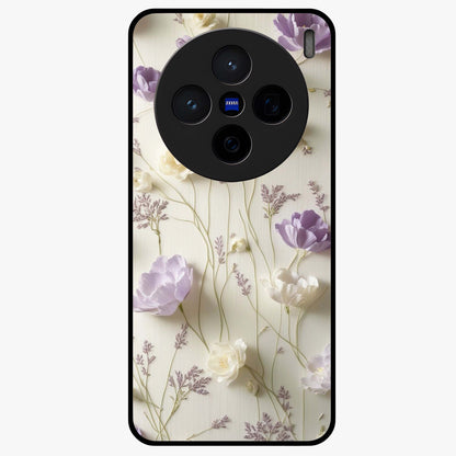 Lilac Breeze Harmony Glass Case showing flat back view with soft lilac themed artwork and glossy glass finish.