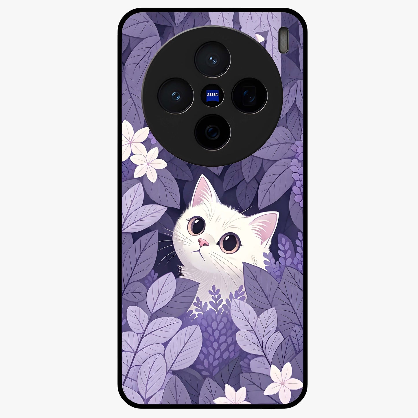 Lilac Hide Peek Cat Glass Case showing flat back view with cute peeking cat artwork and glossy glass finish.