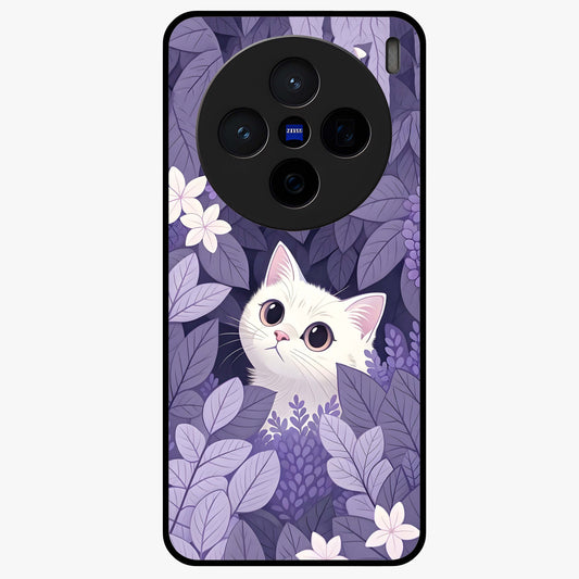 Lilac Hide Peek Cat Glass Case showing flat back view with cute peeking cat artwork and glossy glass finish.