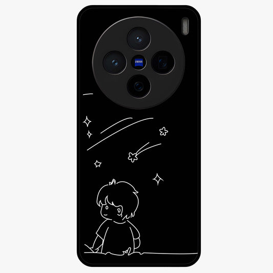 Line Art Boy With Shooting Stars Glass Case showing flat back view with minimal line art boy and shooting stars illustration and glossy glass finish.