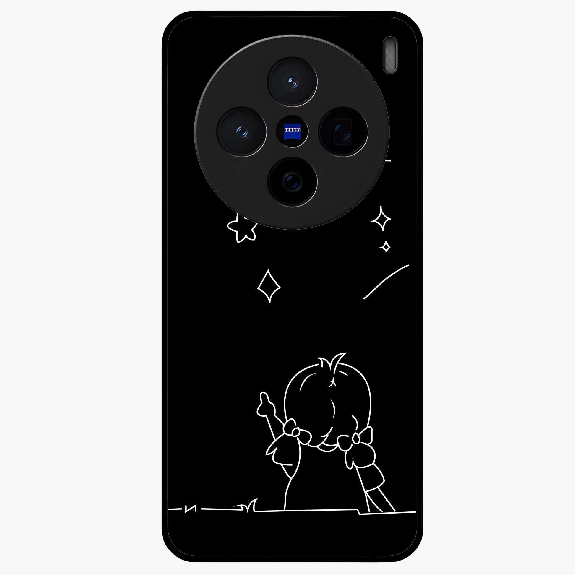 Line Art Girl With Shooting Stars Glass Case showing flat back view with minimal line art girl and shooting stars illustration and glossy glass finish.