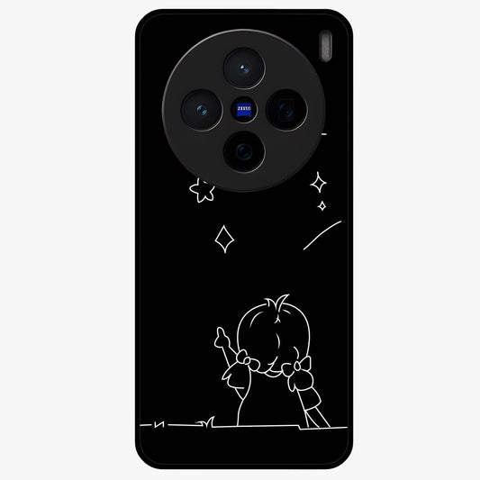 Line Art Girl With Shooting Stars Glass Case showing flat back view with minimal line art girl and shooting stars illustration and glossy glass finish.