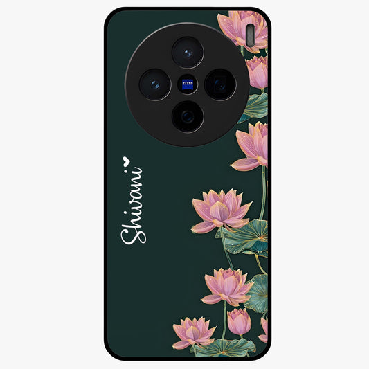 Lotus Bloom Serenity Custom Name Glass Case showing flat back view with elegant lotus flower artwork and personalized name design.