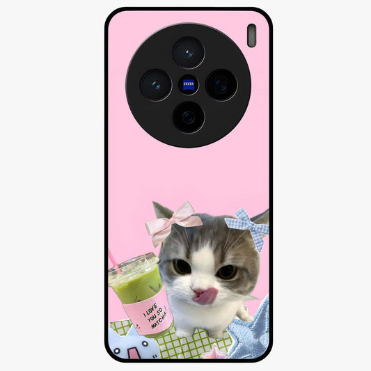 Love Matcha Cat Glass Case showing flat back view with cute cat and matcha themed artwork and glossy glass finish.