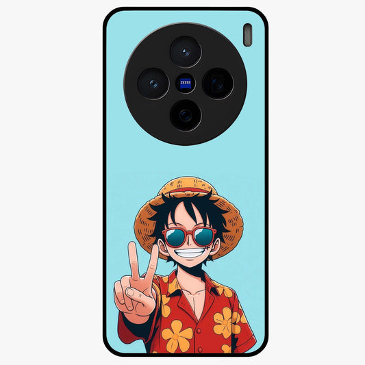 Luffy Summer Anime Vibe Glass Case showing flat back view with vibrant anime character artwork and glossy glass finish.
