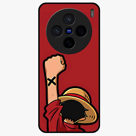 Luffy X Spirit Glass Case showing flat back view with bold anime character artwork and glossy glass finish.