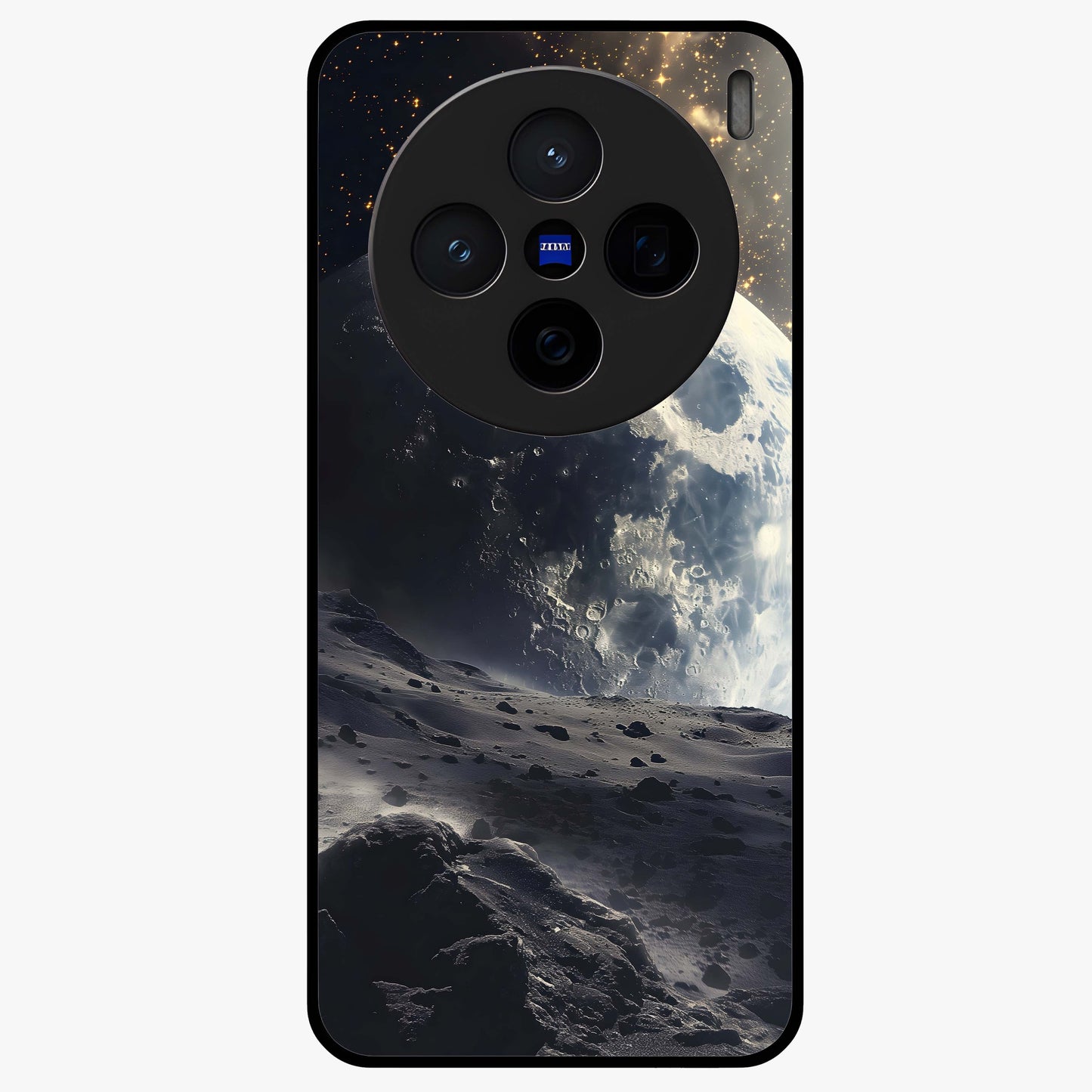 Lunar Horizon Glow Glass Case showing flat back view with glowing moon horizon artwork and glossy glass finish.