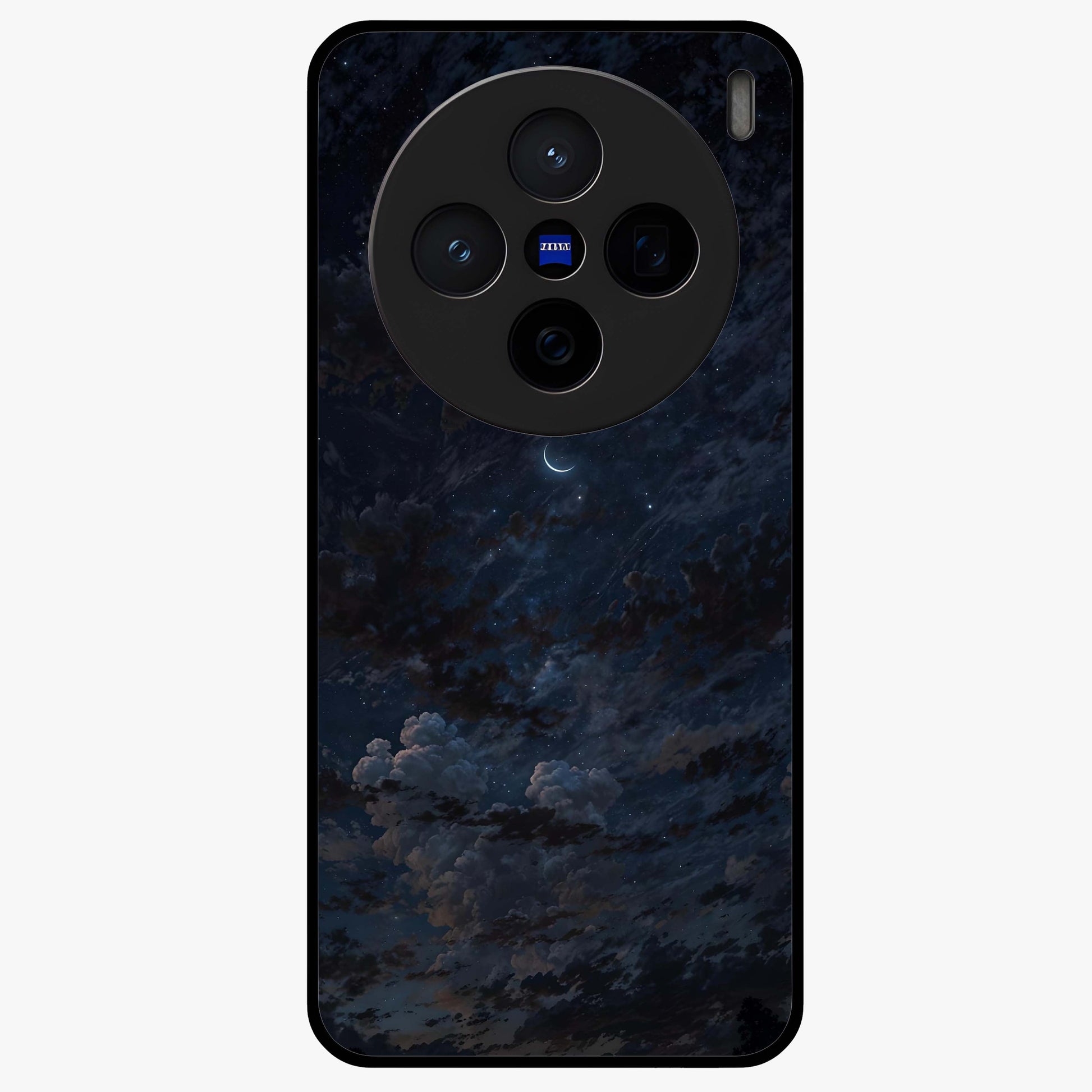 Lunar Veil Silence Glass Case showing flat back view with mystical moon veil artwork and glossy glass finish.